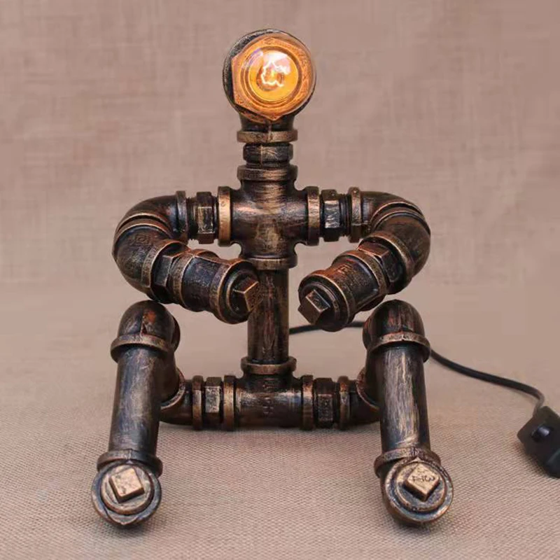 Industrial style retro nostalgic decoration living room bedroom bedside wrought iron pipe robot table lamp