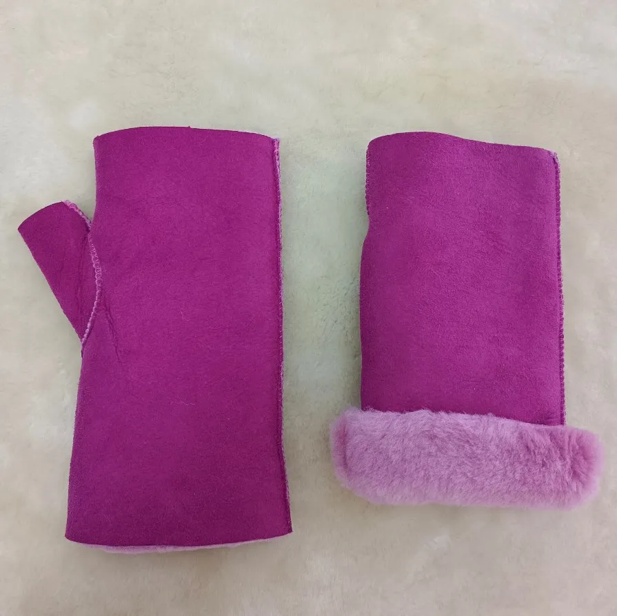 Elegant Women Winter Fingerless Gloves Warm Soft Wool Sheepskin Mittens Half-Finger Design with Elastic Cuffs