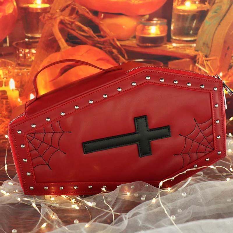 2023 Pu Leather Custom Coffin Shaped Cosmetic Case with Spider Web For Women Handbag gothic purse Manufacture Doll Bag