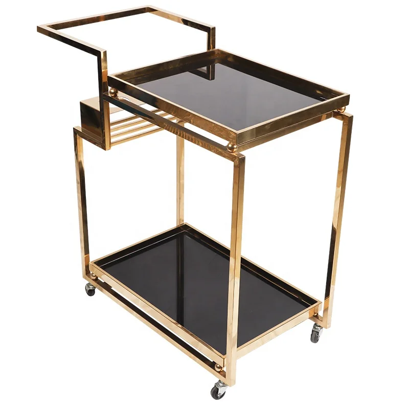 Hotel Home Luxury Gold Metal Frame Mini Bar Carts Drink Service Trolley