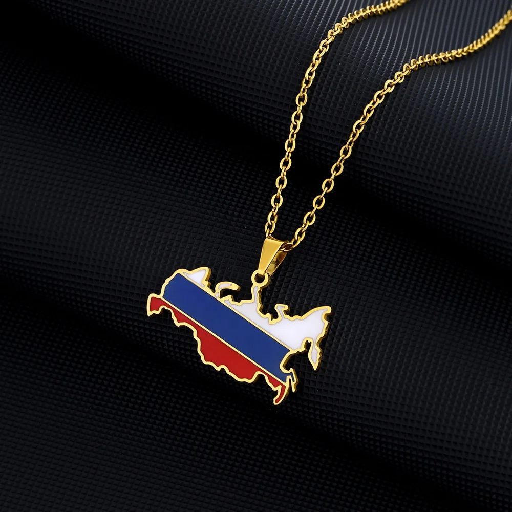 Russia Map Pendant Necklace Fashion Ethnic Style National Flag Stainless Steel Jewelry Gift