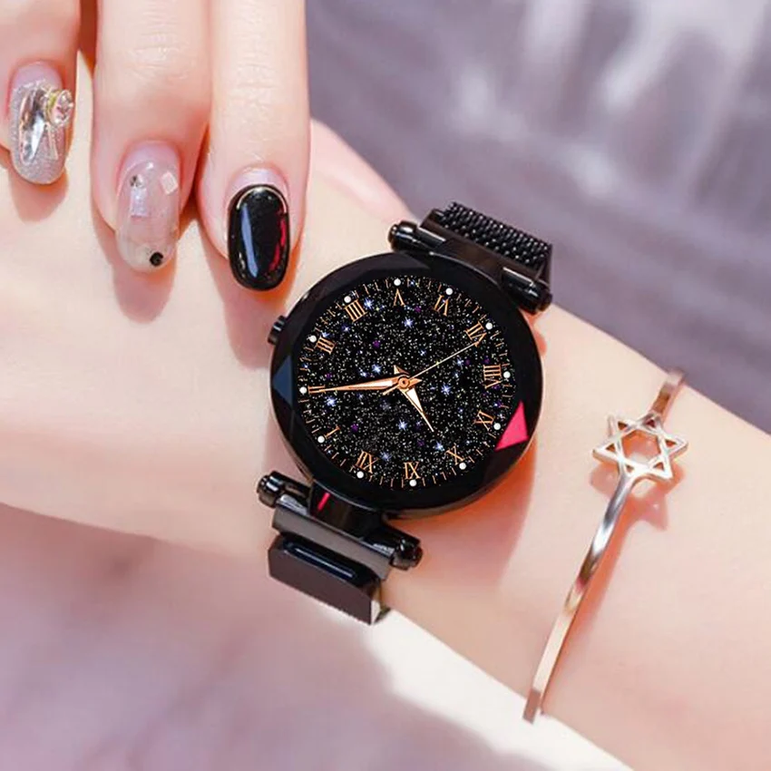 
Luxury Mesh Ladies Clock Magnet Buckle Starry Diamond Geometric Surface Casual Dress Quartz Wristwatch Women Watches Rose Watch 