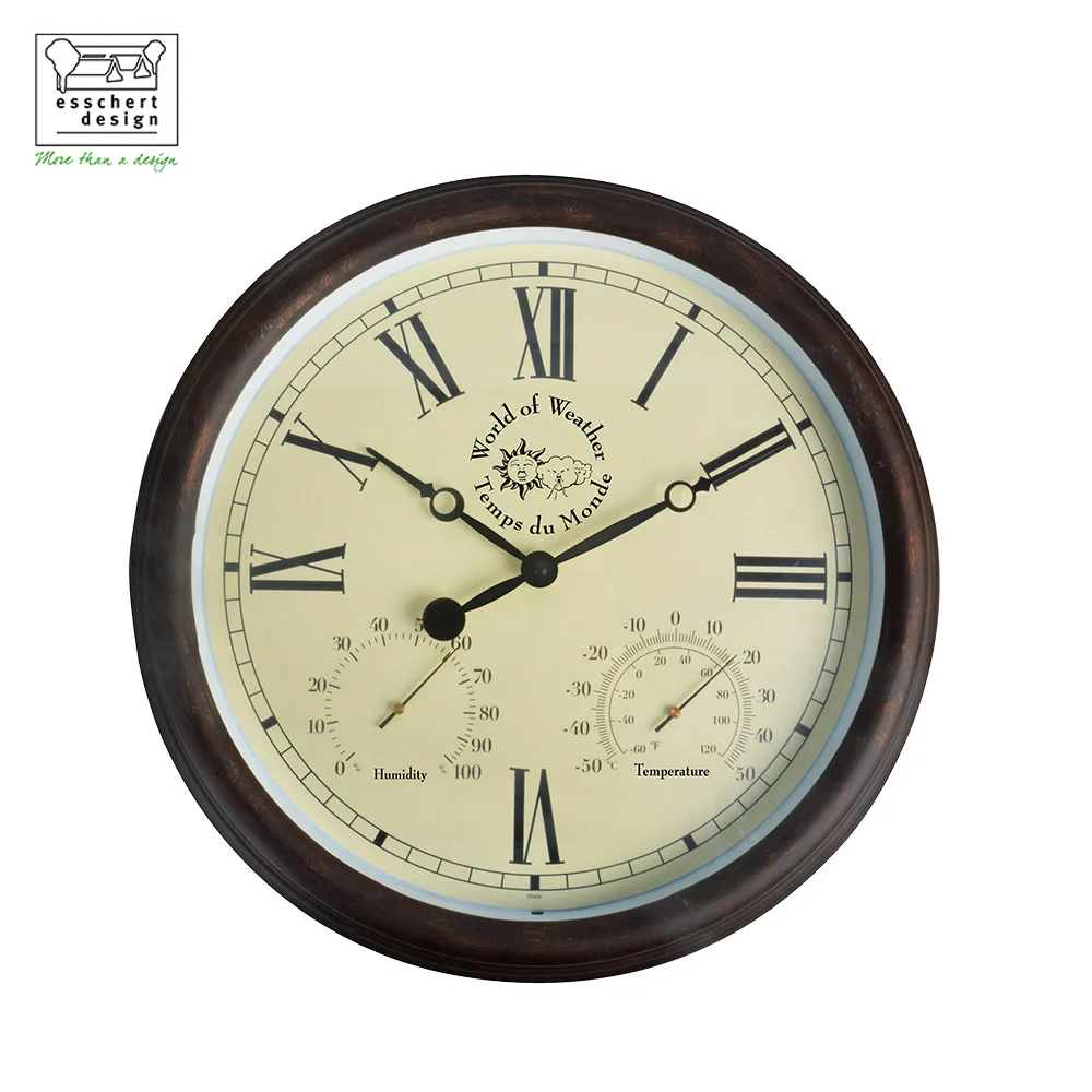 Esschert Design custom logo Roman numerals outdoor clock plastic antique brown wall clock with Color window box plastic handle