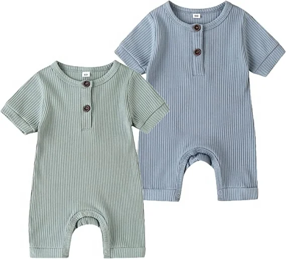 Unisex Natural Soft Ribbed Woven Fabric Snap Newborn Baby Pajama Infant Solid Sleepsuit Romper OEM Short Sleeves Jumpsuit