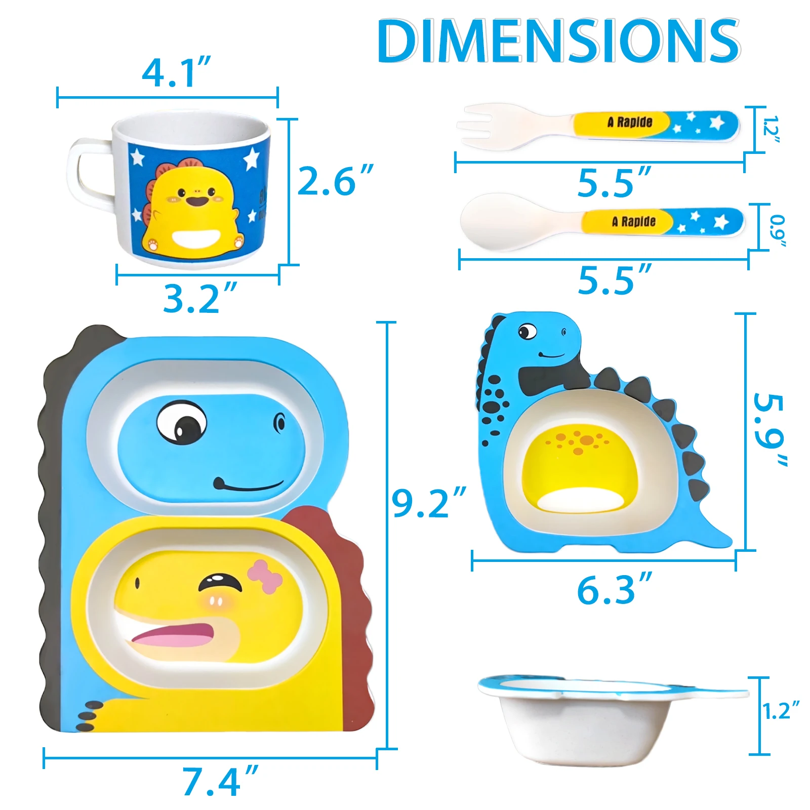 2022 New Bamboo Fiber Children Tableware Kids Plates And Bowls Biodegradable Baby Feeding Dishes 5Pcs Cartoon Divided Plate Set