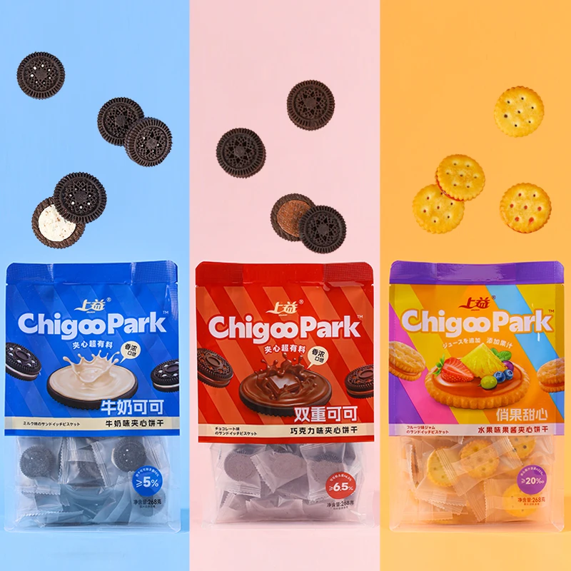 Delicious snack 268g sandwich little black cookies three flavored chocolate and milk fruit filled biscuits