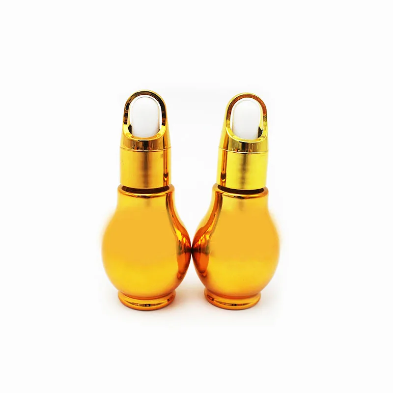 Electroplating golden pot-belly 20ml bottle,essential oil bottle cover gold aluminum flower basket cap with glass dropper pipett