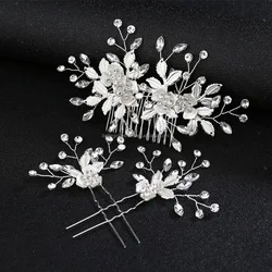 Wedding bridal jewelry set Tiara luxury 3 pcs gold color metal leaves 4 flowers rhinestones U shape hair pins and hair combs set