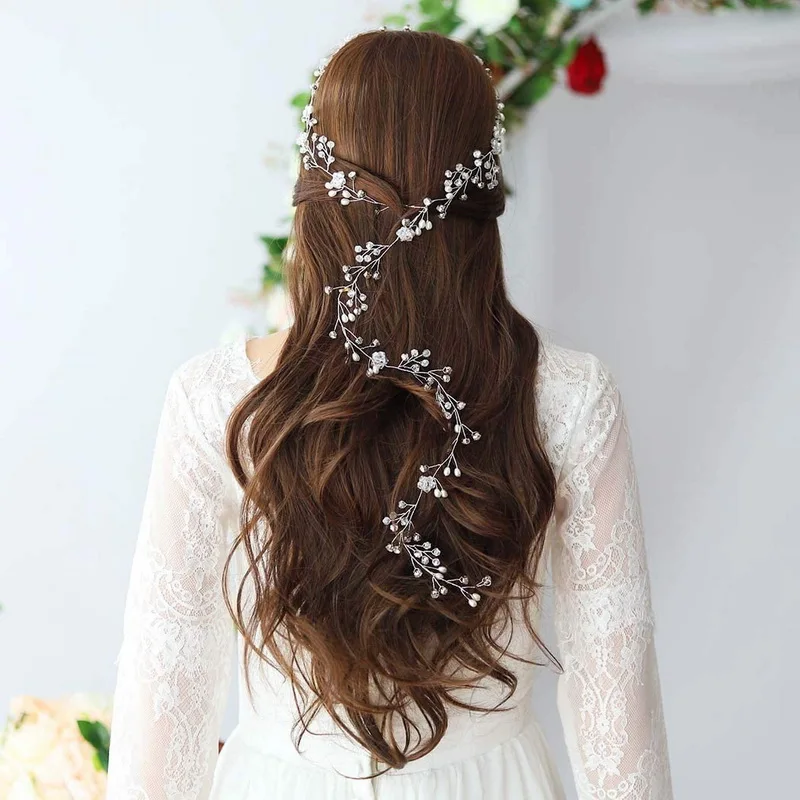 High Quality 50cm Wedding Rhinestones Hair Vine Hairband  Leaves Pearl Hair Accessories Bridal Hair Vine  for Wedding Bridal