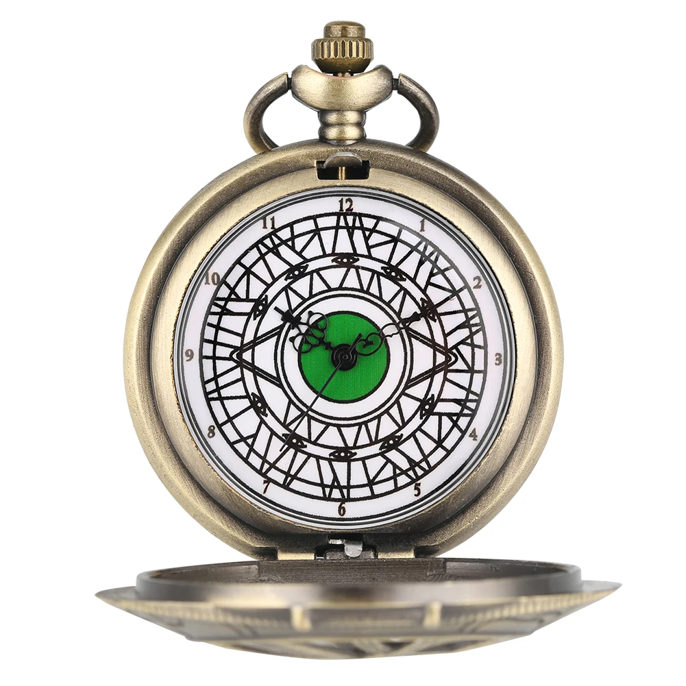 Antique Bronze Necklace Pendant  Green Eye Steampunk Quartz Pocket Watch With Chain For Men Gift Collectibles