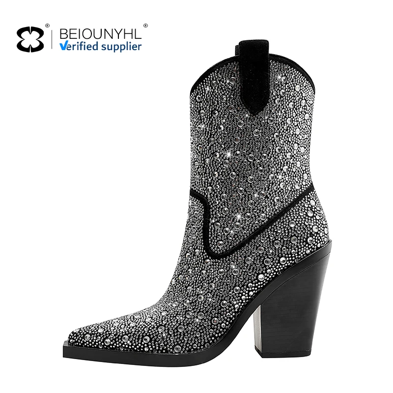 2024 New Ladies Rhinestone Western Pointed Toe Wedge Heel Ankle Boots Women Shoes Black Suede Block Heel Wide Calf Booties