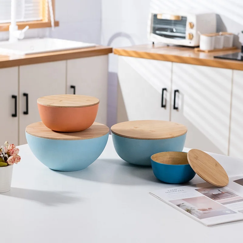
IN STOCK Custom Printed Reusable Bamboo Fiber Large biodegradable Bowl Salad Tableware Bowl with Wood Lid 