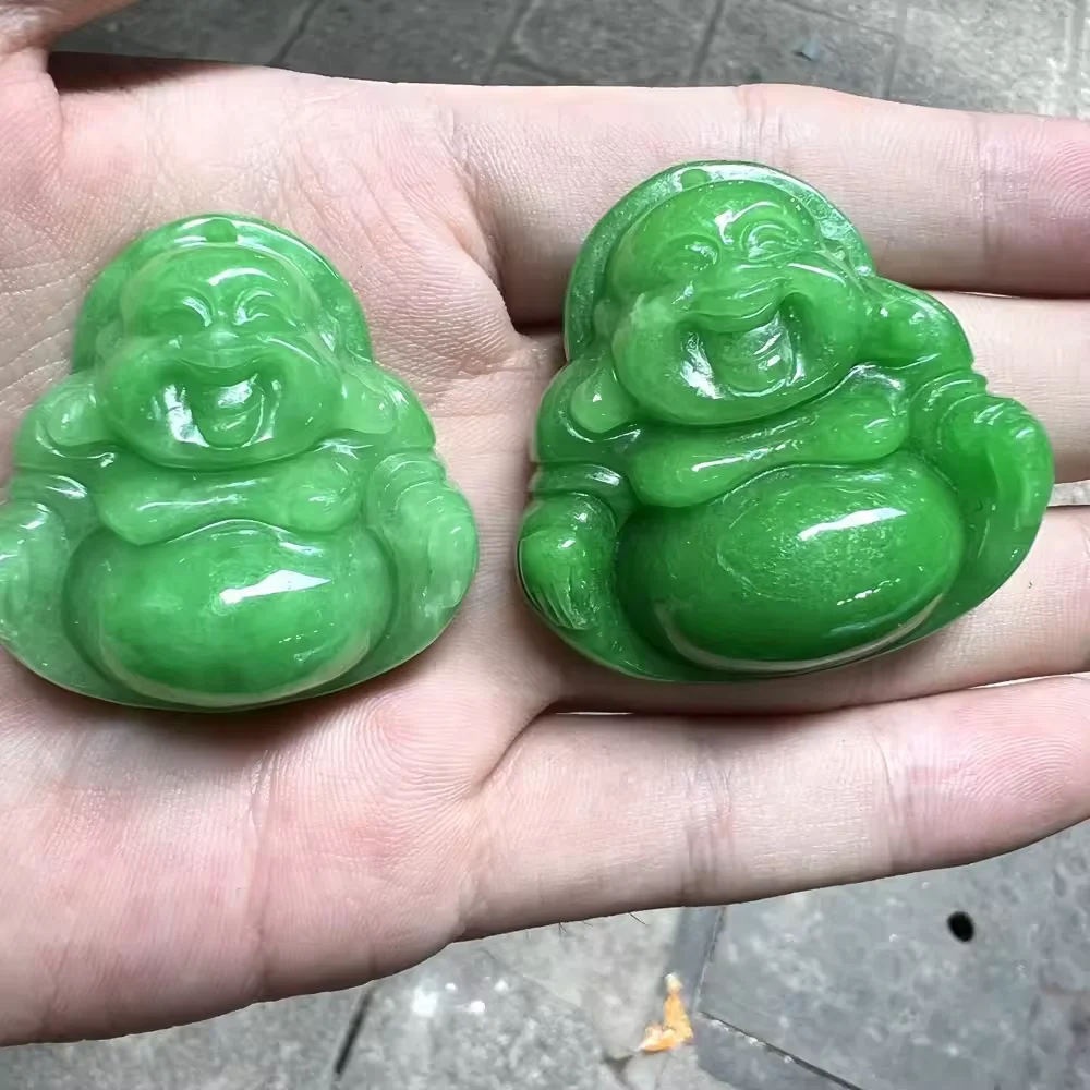 Wholesale Myanmar Bruma Jade White Green Laughing Budda 35mm Carved Jade Pendant For Jewelry Pendent DIY Accessories