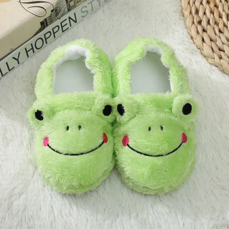 Lower Price Wholesale Winter Cute Cartoon Frog Kids Slippers Plush Pluffy Warm Home Cotton Shoes Slipper For Baby Children