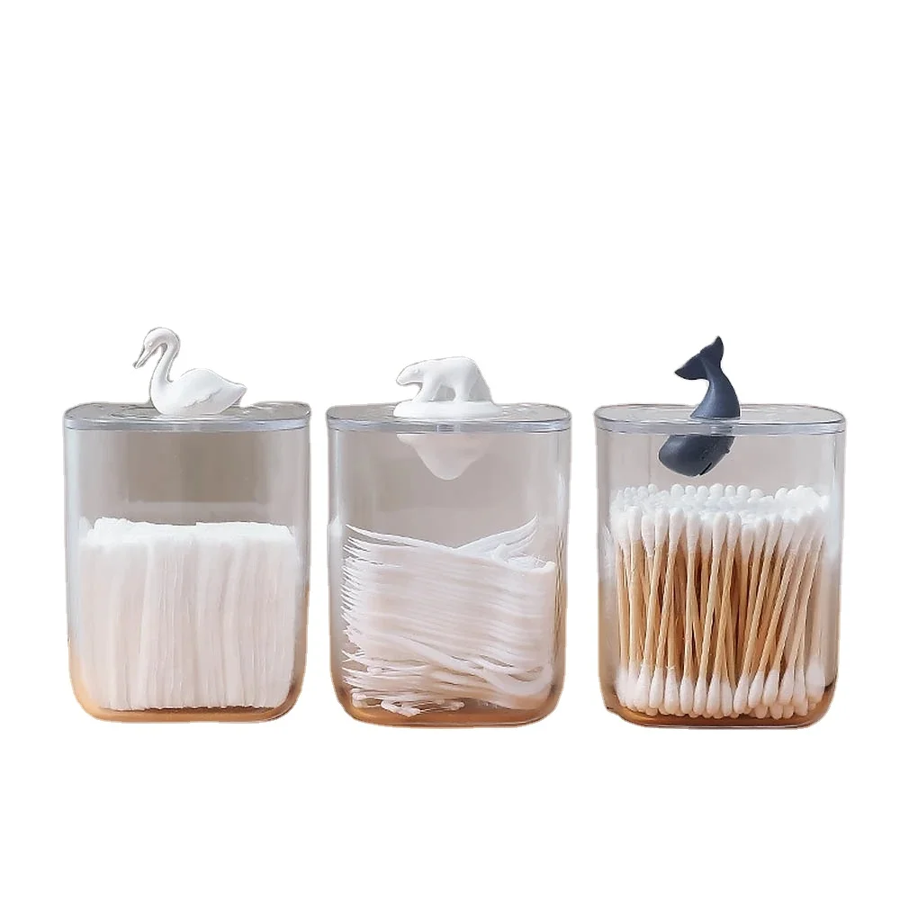 Cartoon Animals Cotton Swab Organizer Container Clear Cotton Pad Makeup Candy Plastic Jar with Lid for Bathroom Office Desktop