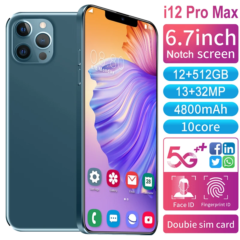  Оптовая продажа сотовый i12 pro max 4g с ёмкой батареей 6 7 дюймов Android карты смартфон мобильный телефон 10-ядерный 8 + 256GB 16 GB