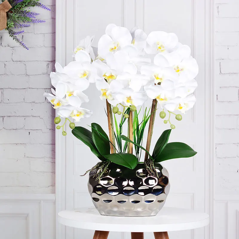 Artificial Orchid In Vase White Orchid Silk Faux Phalaenopsis Orchid Plant In Pot Fake Flower Home Decoration Arrangement