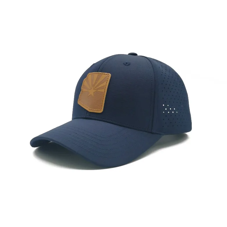 OEM ODM Custom 6 Panel Leather Patch Logo Recycled Polyester Navy Blue Laser Mesh Baseball Cap For Outdoor Activities