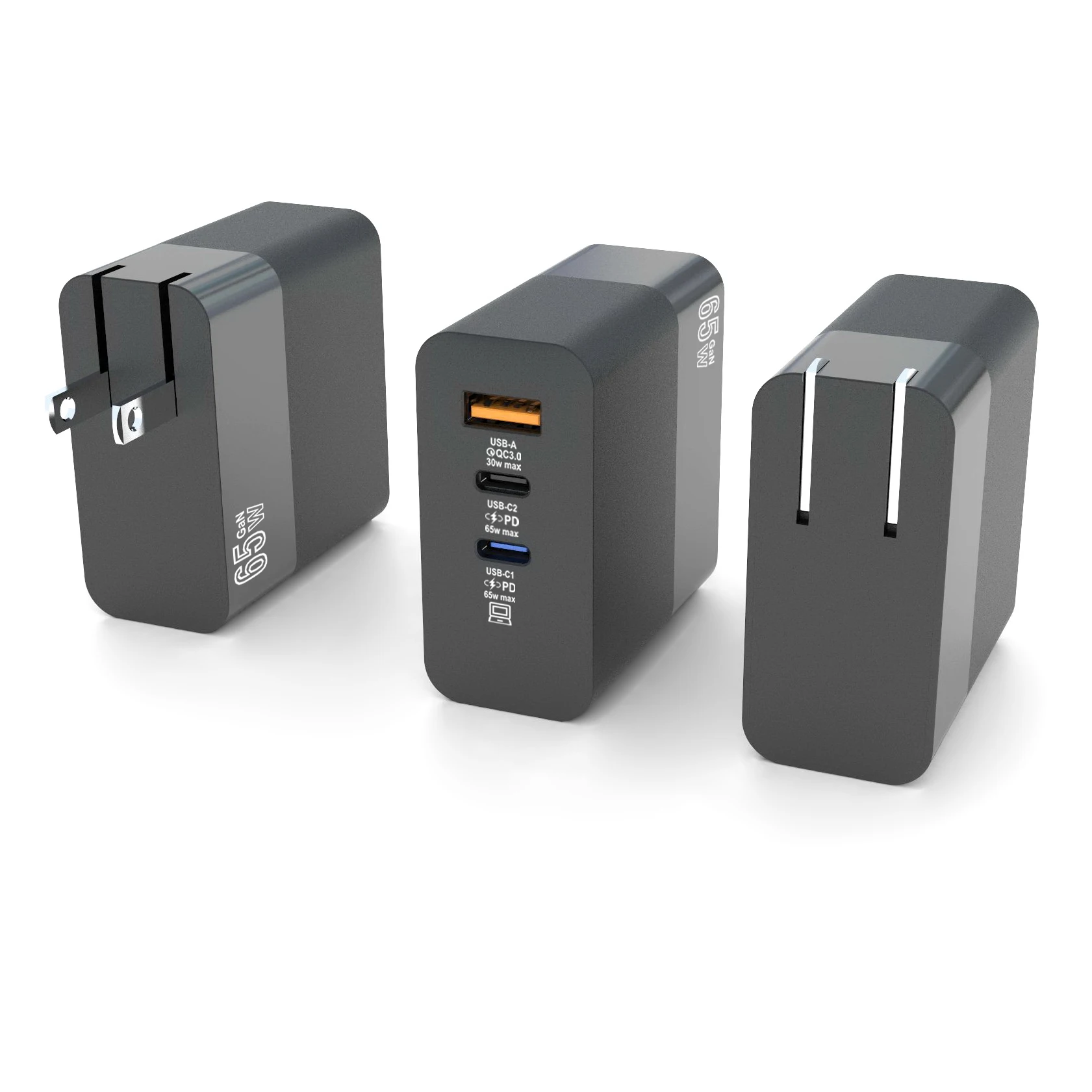 New 65W US EU CE&FCC&RoHS authentication Gallium Nitride GaN Fast Charging GaN 3 USB QC3.0+PD+PD Charger