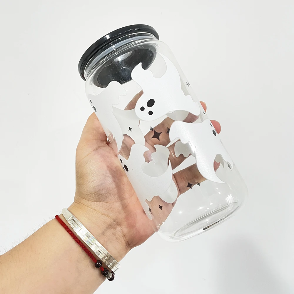 Ready To Ship Borosilicate Glass Pumpkin Ghost Spider Web Printed Glass Can  For Halloween Gift