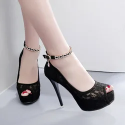 Wholesale Korean style black pink white mesh high heel thick bottom sandals