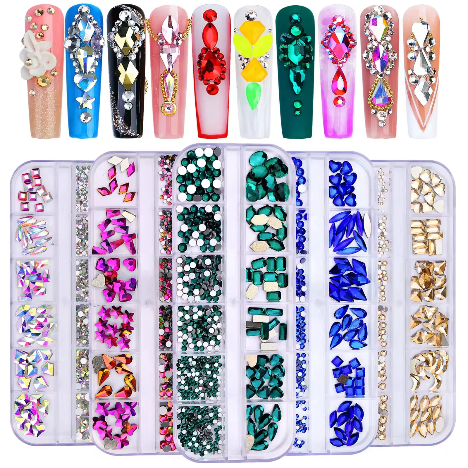 B9 Wholesale 12 Grid Flatback nail rhinestone Multicolor Various shaped Nail Art Rhinestones for DIY press on tips