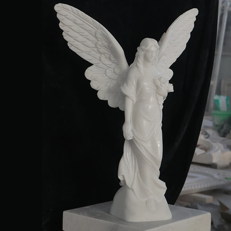 Figurines Hand Carved Sculpture Outdoor Marble Angel with Wings Statues Garden White Marble Angel