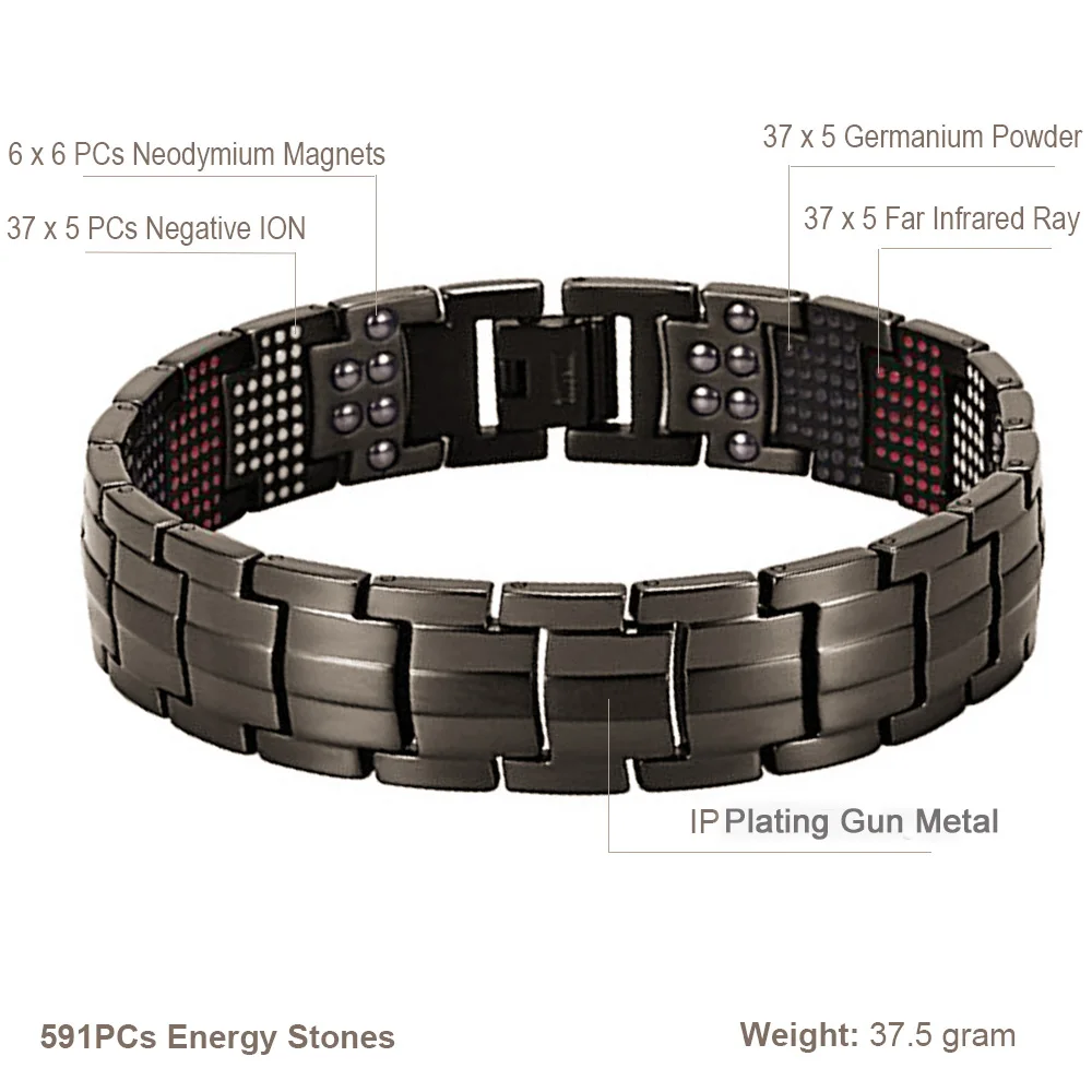 Mens Magnetic Bracelet 591 Bio Elements Germanium Stone Extra Energy Wristband for Arthritis Health Jewelry Gun Metal Grey