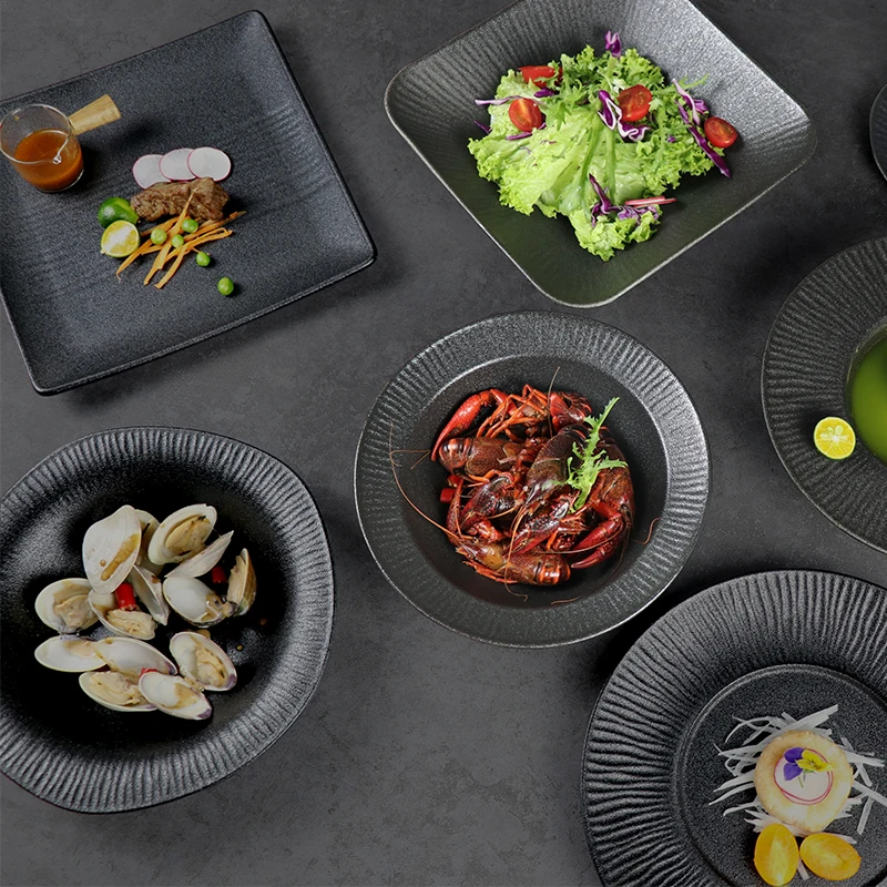 Chaozhou Ceramic Horeca Matte Dinnerware Set Singapore Restaurant Plates Under Glazed Porcelain Tableware Black Dinner Set
