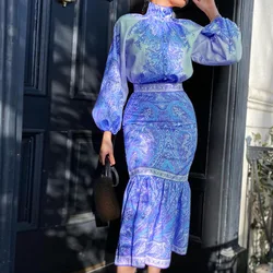 Autumn new bohemian print plus size ladies elegant dress 2piece suit women formal dresses and skirts two pieces