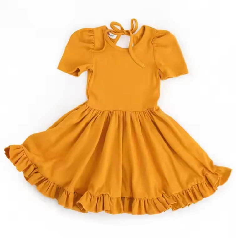 Casual Knit 95% Cotton 5% Spandex Midi Dress Gathered Waist Hole Back Solid Color Ruffle Dress for Little Girls
