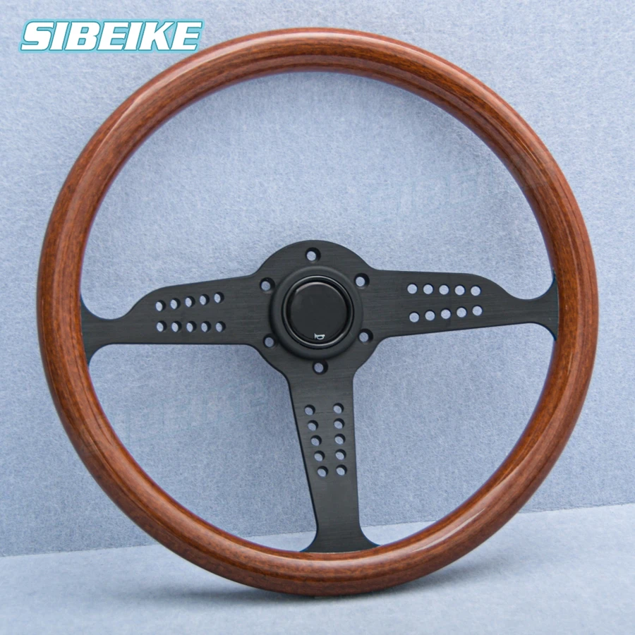 JDM Classic Vintage Wood Style Grand Prix Steering Wheel Black Silver Spoke Wood Film Racing Sports Steering Wheel