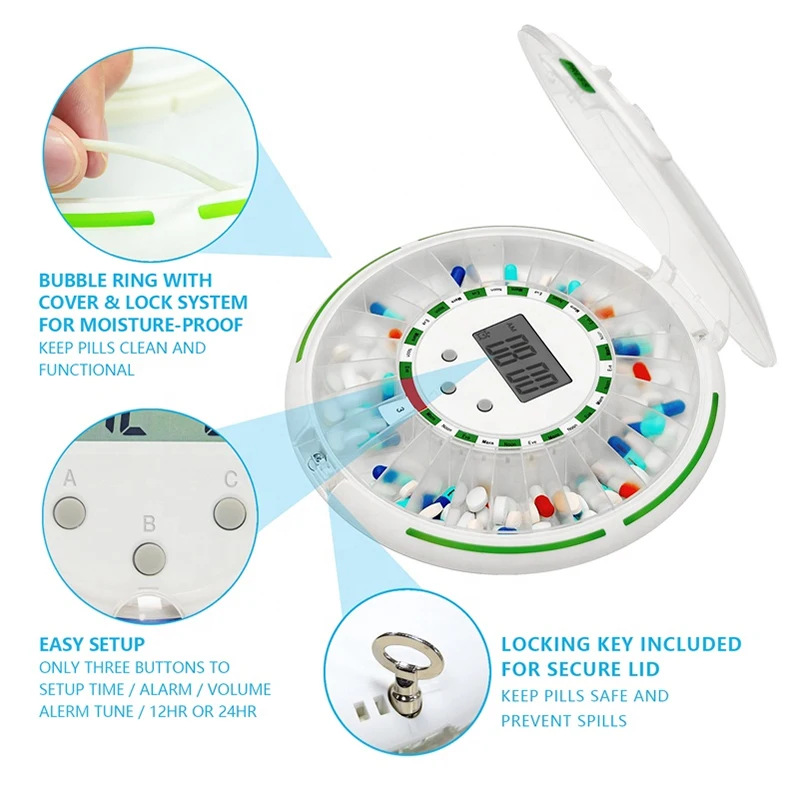 28 Compartments Senior Large LED Interface Rotating Key Automatic Pill Dispenser