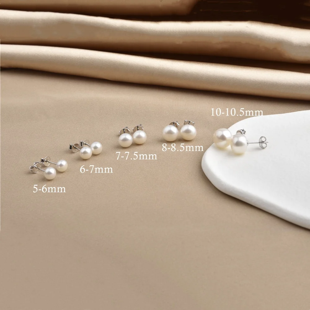 5-12mm Simple Real Freshwater Cultured Pearl Studs Earrings jewelry women White Button 925 Sterling Silver Pearl Earrings
