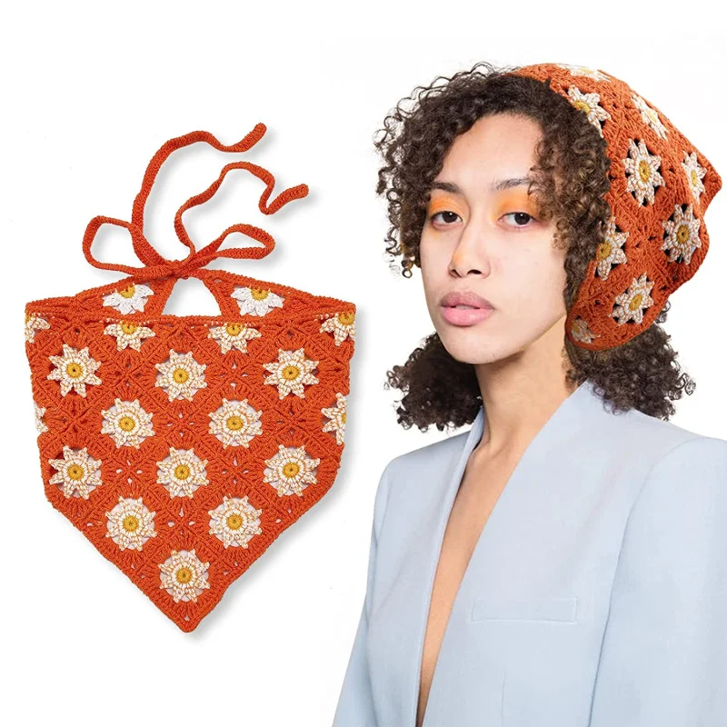 HZO-23036 Spring Daisy Flower Crochet Triangular Bandana Headband Knit Handmade Kerchief Head Scarf