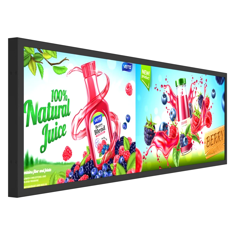 Supermarket wall mount advertising display stretched bar ultra wide edge digital signage lcd shelf screen