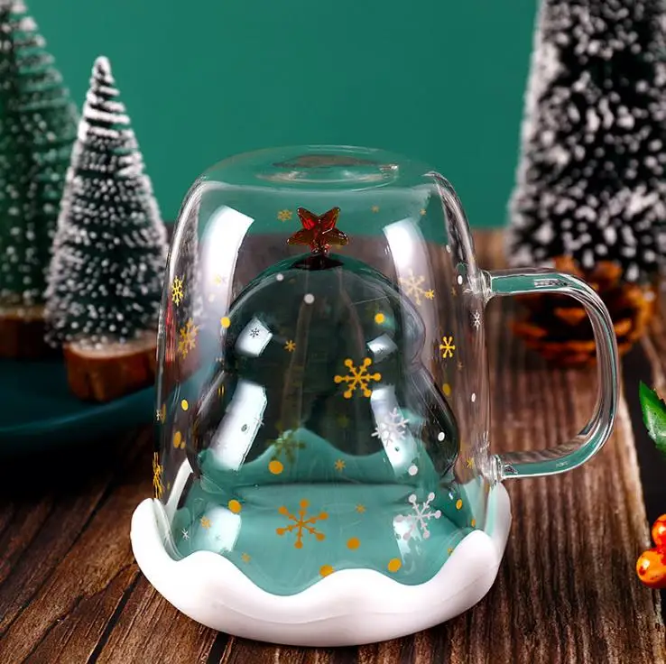 Christmas custom unique reusable double walled drink juicy borosilicate glass coffee cup with lid