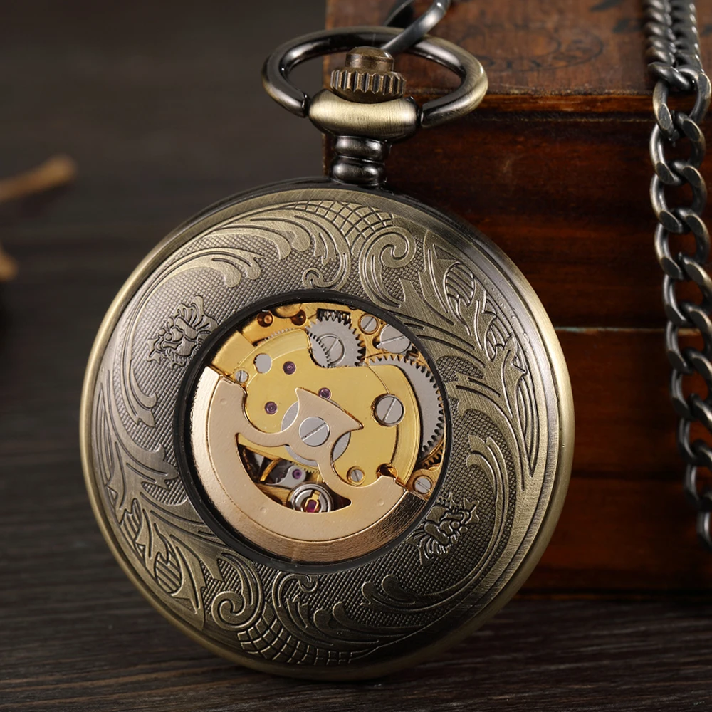 Vintage Bronze Hollowed Out Arabic Digital Clamshell Automatic Mechanical Pocket Watch