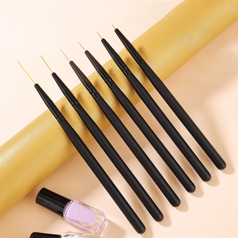 6 pcs 5MM 7MM 9MM 11MM 25MM Synthatic Nylon Hair Striping Liner Brushes Set All Black Wooden Handle Black Ferrule Liner Brushes