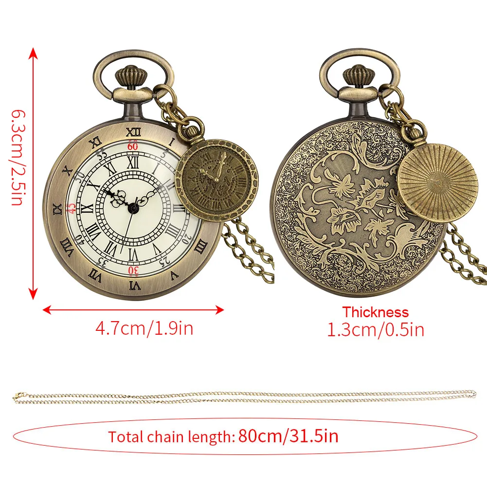 Souvenir Gift Roman Numeral Double Time Zone Dial Vintage Bronze Men Pocket Watch with Necklace Pendant Chain
