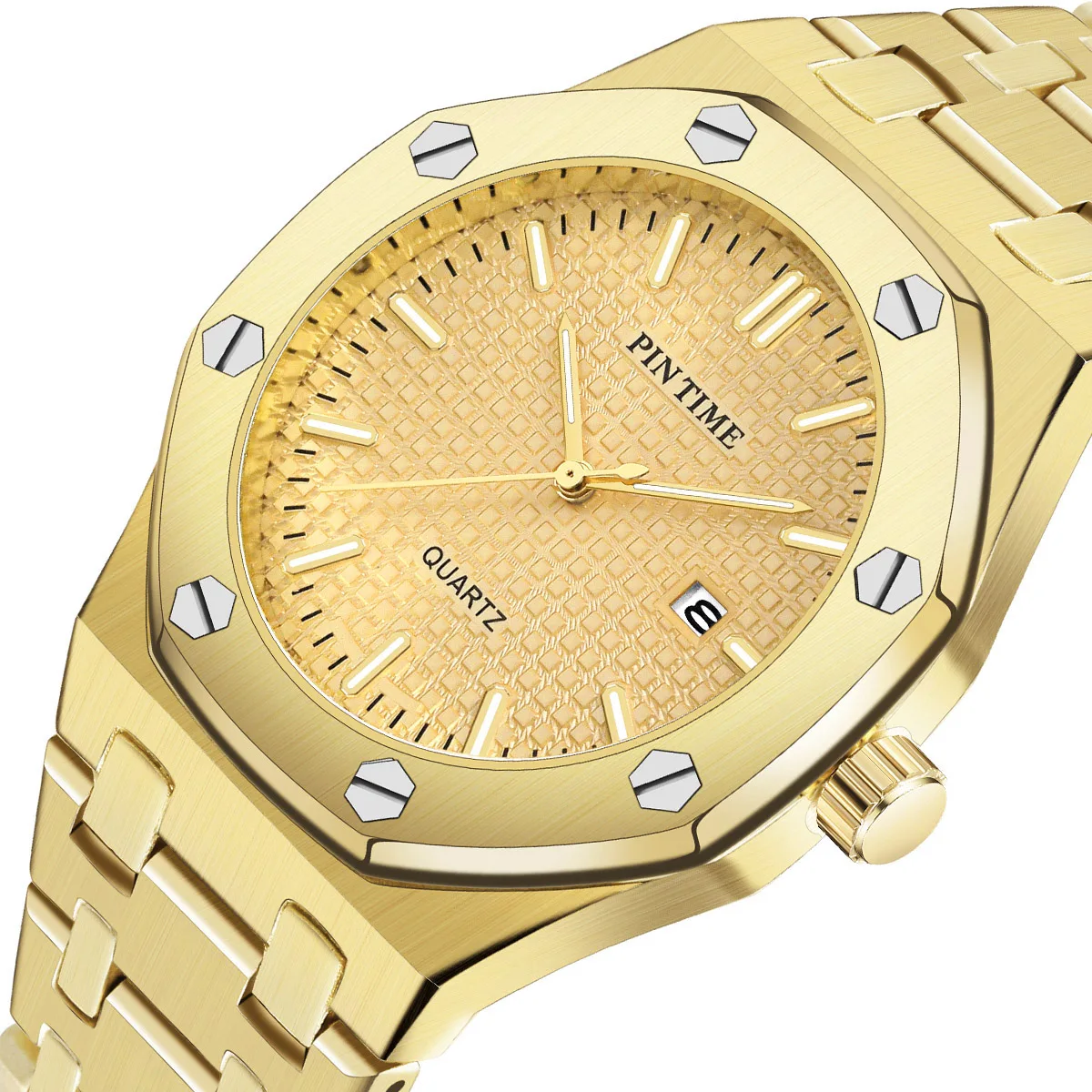 Gold Men Quartz Wristwatch Stainless Steel Band Fashion Luxury Calendar Watch for Men Customized Logo