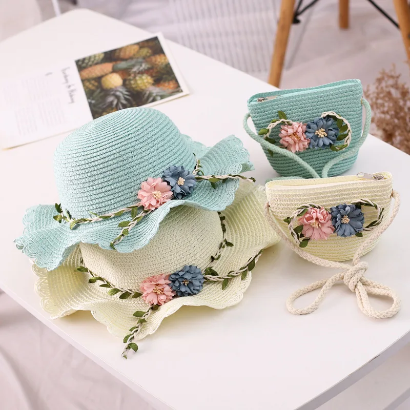 New arrival fashion baby straw caps children summer beach straw bag straw hat 2pc/set