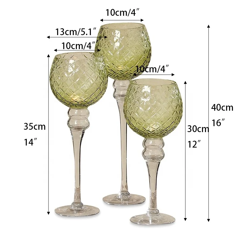 Set of 3 Small diamond pattern yellow-green glass Long Stem Candle Holder