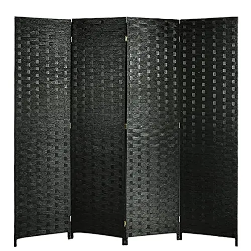 Foldable Free Standing Privacy Screen Handmade 6ft High Fiber Screen Black 4 Panel Room Divider for Living Room, Office and Stud