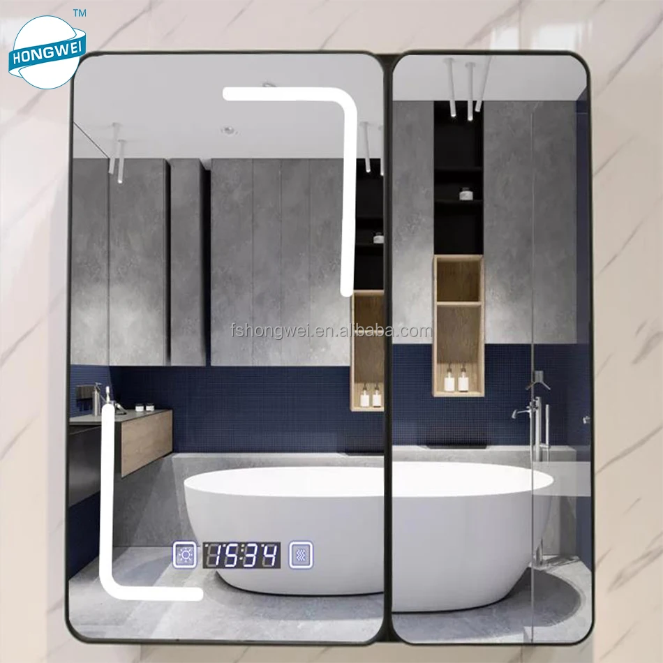 Hongwei Smart Double Doors Custom Wholesale LED mirror cabinet bathroom mirror Touch Screen