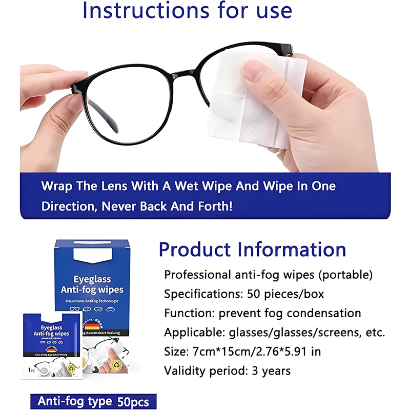Custom Logo Nano Technology Pre-Moistened Spectacle Eyeglass Anti Fog Lens Wipes For Glasses