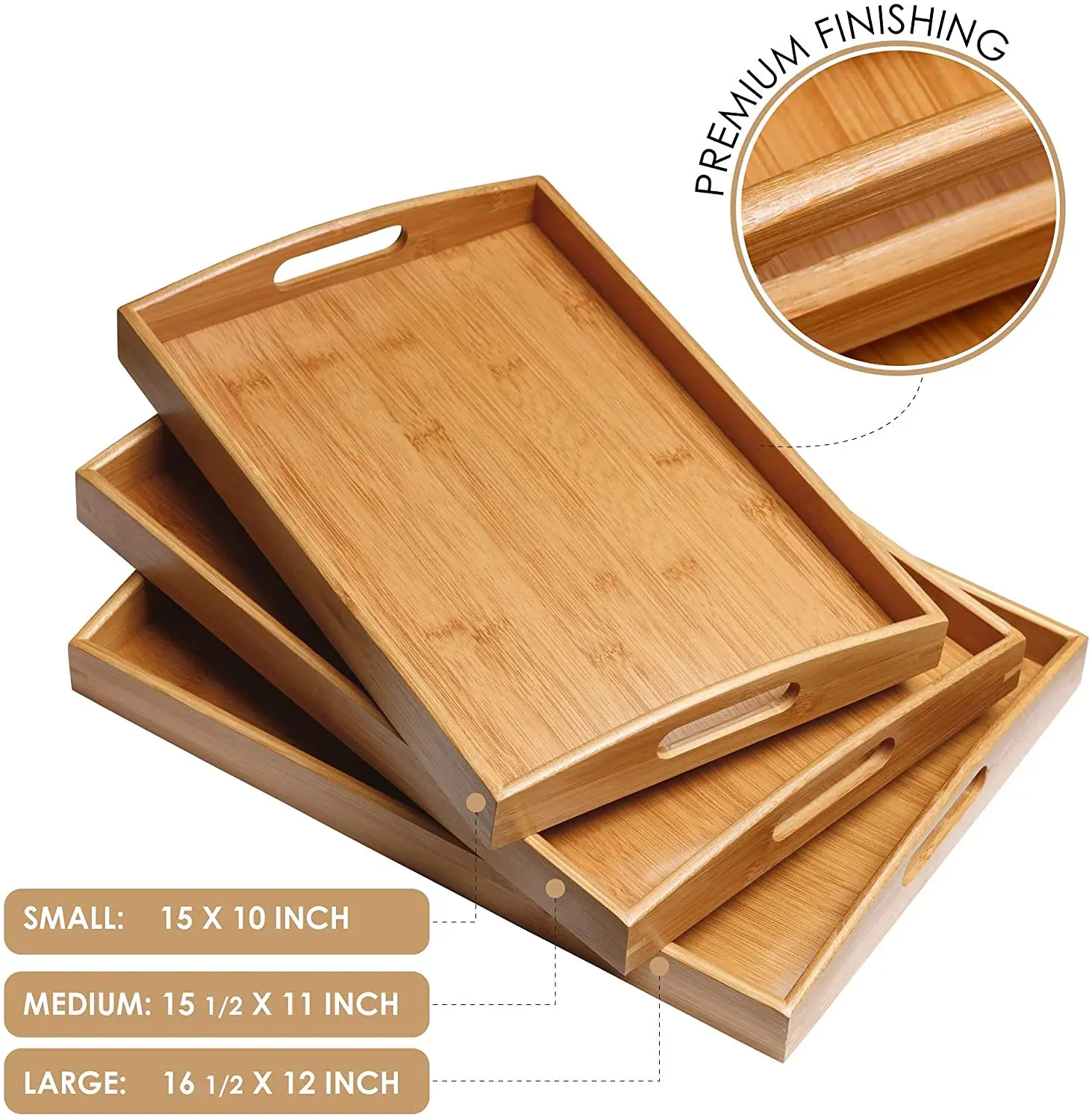 Serving Tray Set, Bamboo Serving Tray Set with Handles - Set of 3, Large, Medium, and Small Tray, Multi-use Bamboo Wood Serving