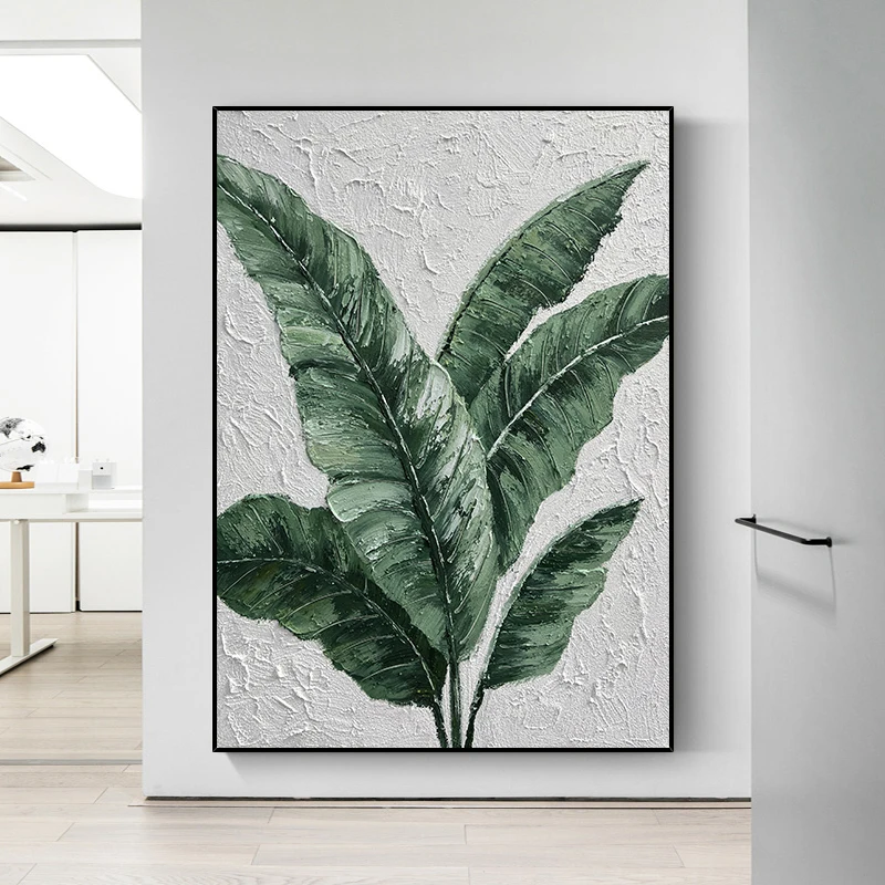Pure hand-painted Minimalist Modern Tropical Plants Leaves Canvas Painting Wall Picture for Wall Decor