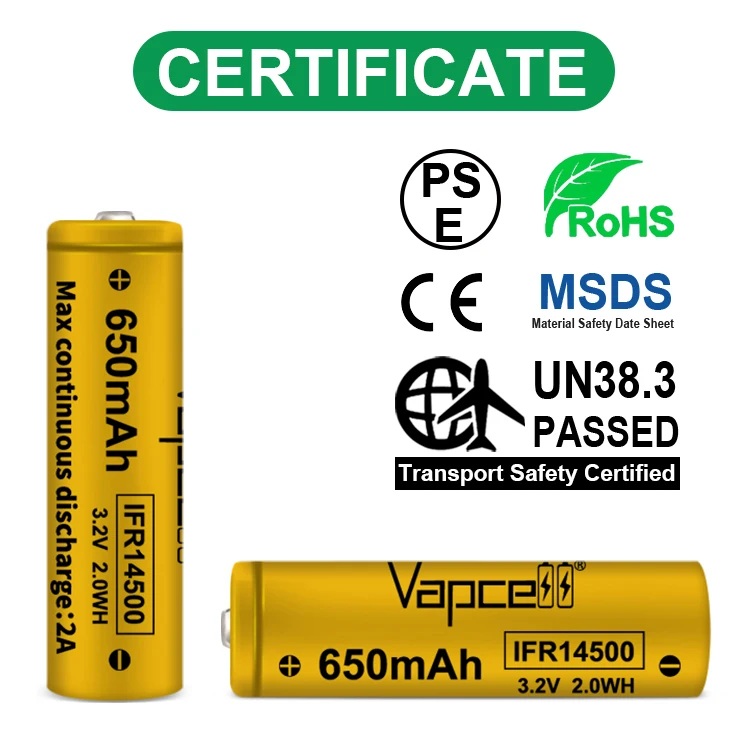 Vapcell 14500 3 2 V rechargrebel литий-ионная батарея IFR14500 650mAh 2A LIFEPO4 AA батареи для фонарика