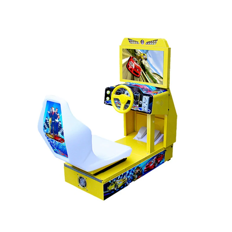 Toss a coin operate an electronic child ride drive a child arcade car race an arcade car simulator around a racing game machine